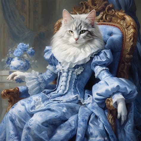 Premium Ai Image Classic Cat Victorian Portrait In A Blue Dress Pet