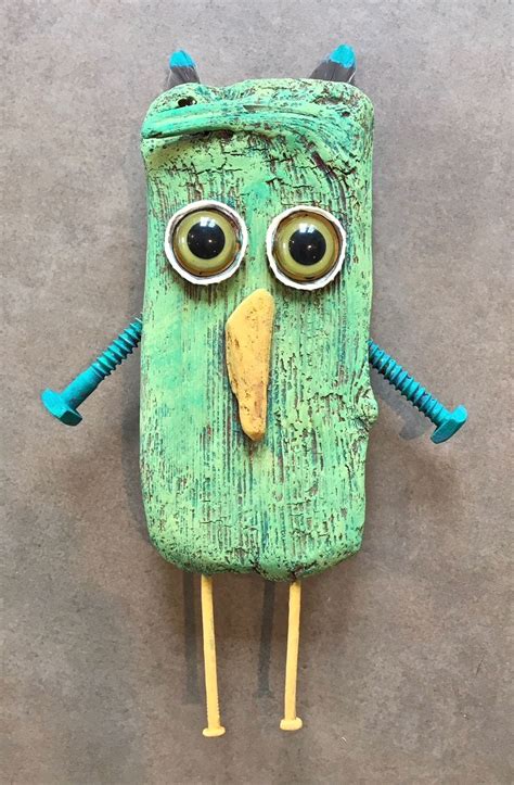 Green Owl Made With Driftwood Found Objects And Feathers Rustic Wood