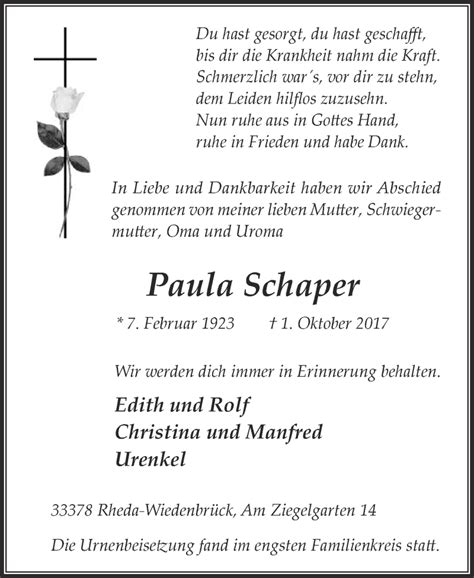 Traueranzeigen Von Paula Schaper Trauerdie Glockede