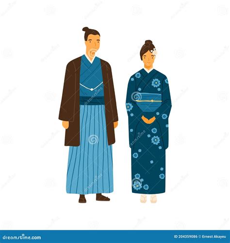 Japanese Couple Wearing Traditional Costumes Man And Woman In