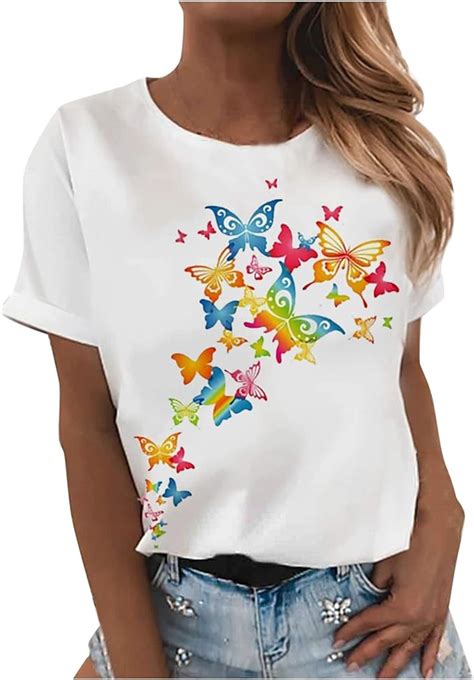Butterfly Print Shirts For Women Colorful Graphic Tee Tops Short Sleeve