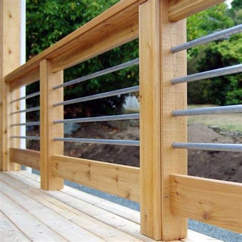 Standard wood deck handrail designs read more this cheap deck railing idea is standard pressure treated wood railing made with 2×4 top and bottom rails with 2×2 pickets nailed vertically all capped with a 2×6 top plate. Top 50 Best Metal Deck Railing Ideas - Backyard Designs