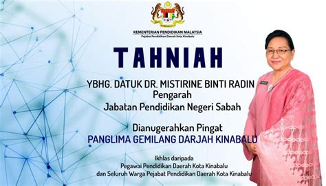 TAHNIAH KEPADA PENGARAH JABATAN PENDIDIKAN NEGERI SABAH YANG TELAH DI