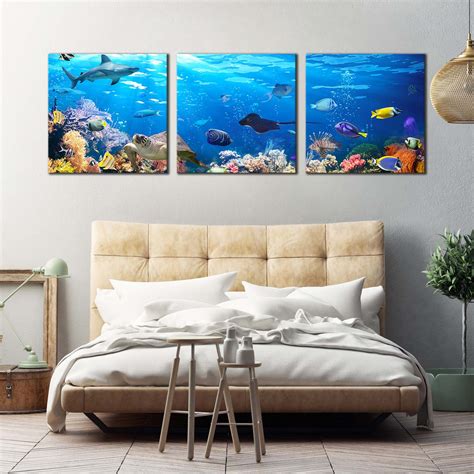 Exotic Underwater Canvas Wall Art Colorful Coral Reef Triptych Multip