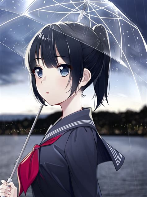 Download 1536x2048 Anime Girl Raining Umbrella Black