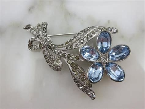 Blue Rhinestone Flower Brooch Costume Jewelry Vintage Brooch By