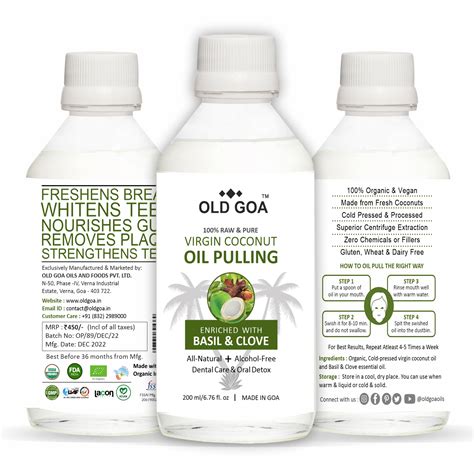 Oldgoa Cold Pressed Virgin Coconut Oil Pulling Basil And Clove 200ml Organic Mouthwash For