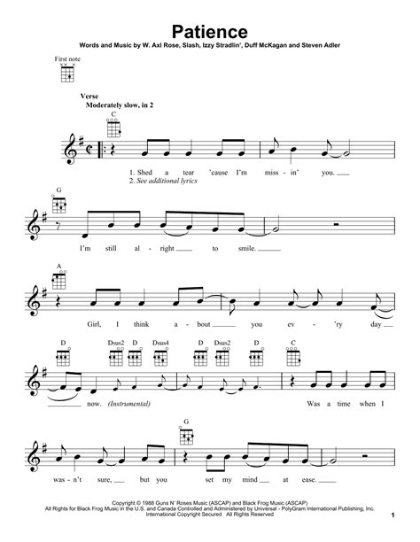 The song is about a man missing his ex, and tells her that the problems they had will work themselves out fine with patience and things will be alright again. Patience by Guns N' Roses - Ukulele - Guitar Instructor