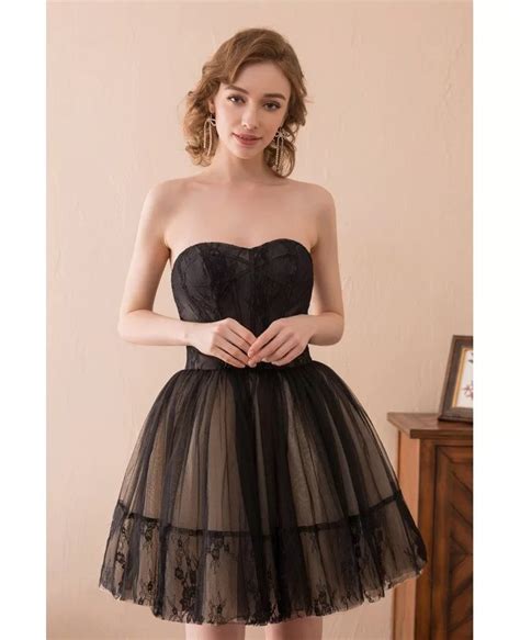 Black Short Tulle Prom Dress Strapless With Lace Trim CH GemGrace Com