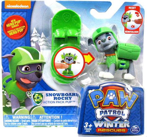 Paw Patrol Action Pack Pup Winter Rescues Snowboard Rocky Figure Spin