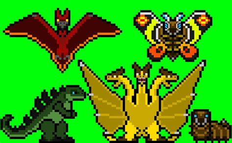 Godzilla Rodan Rei Gidorah Mothra E Mothra Larva Pixel Art Grid