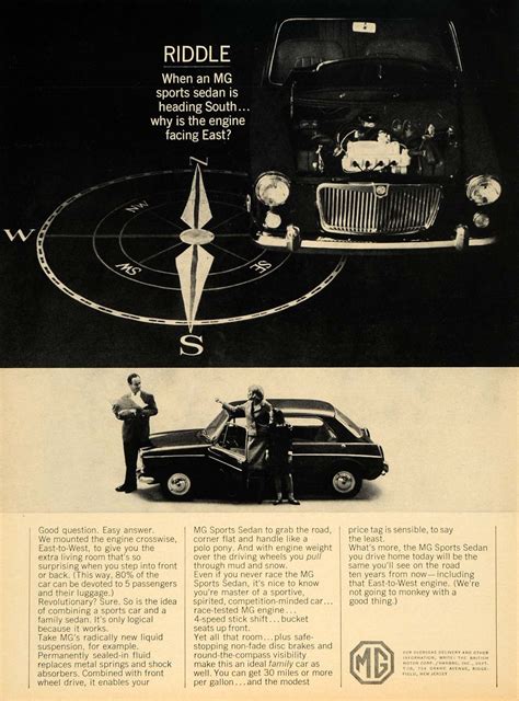 1965 Ad Vintage Mg Sports Sedan Engine Compass Mpg Original Advertis