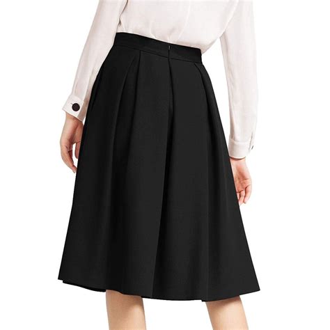 Feitong High Waist Pleat Elegant Skirt Black Knee Length Flared Skirts