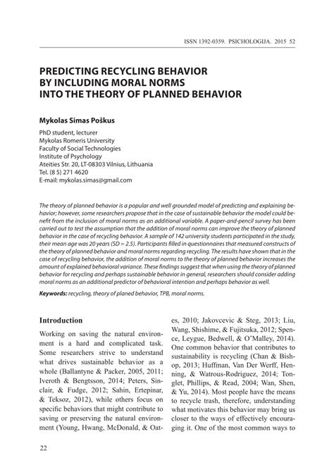Pdf Predicting Recycling Behavior By Including Moral Norms Into The