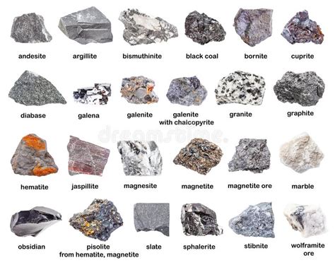 Set Of Various Gray Unpolished Minerals With Names Stock Photography