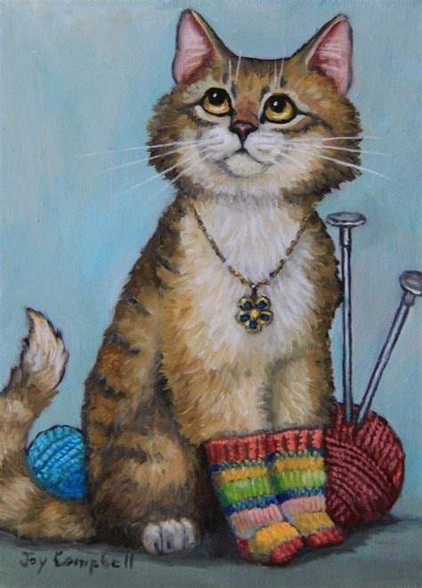 Cat Kitten Socks Knitting Aceo Print From Original Oil By Joy Campbell