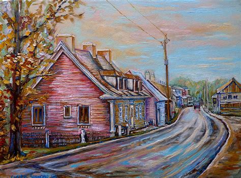 Pretty tree line road acrylic painting. Iles D'orleans Quebec Village Scene Painting by Carole Spandau