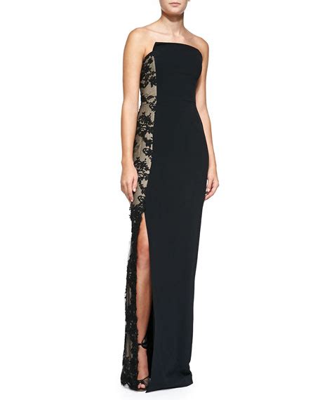 Monique Lhuillier Strapless Gown With Chantilly Lace Black