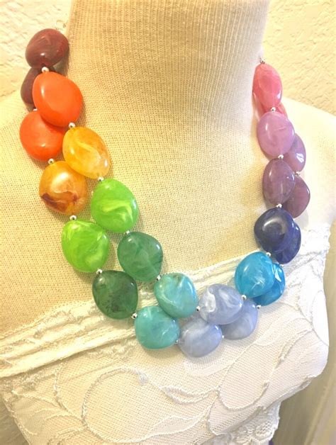 Rainbow Beaded Necklace Colorful Jewelry Chunky Statement Etsy