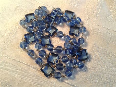 Vintage Art Deco Blue Glass Bead Necklace With Square Open Etsy
