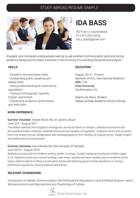 Elaborate on your professional experience before applying for the international job position as shown on the sample curriculum vitae format. 015 Essay Example How To Put Study Abroad On Resume Unique ...