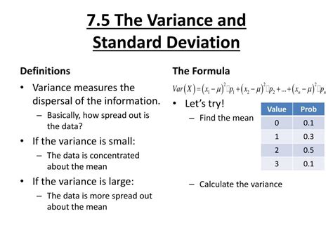 After this it is easy to get know that this modern calculator will not only help you in finding mean value, standard deviation and variance apart from this you will. PPT - 7.5 The Variance and Standard Deviation PowerPoint ...