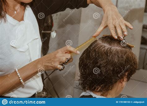 Closeup Of A Hairdresser Cuts The Wet Brown Hair Of A Client In A Salon