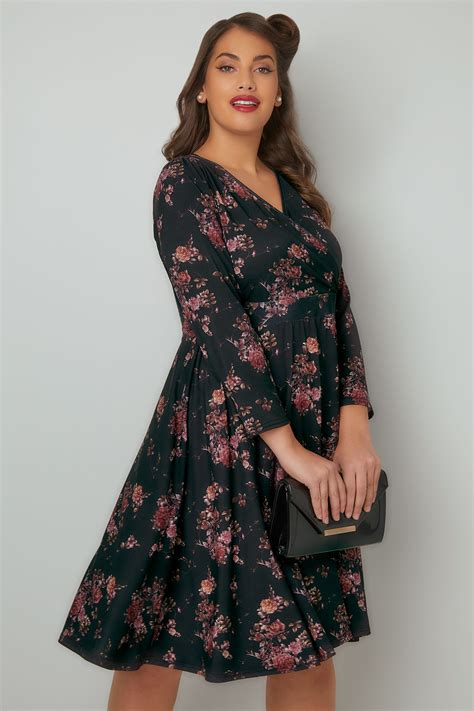 Lady Voluptuous Black Multi Lyra Watercolour Floral Print Dress