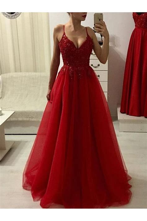 Long Red Spaghetti Strap V Neck Prom Dresses Formal Evening Dresses 601151