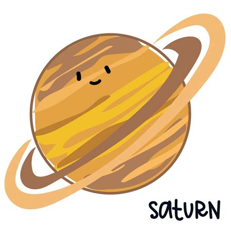 Isolated Large Colored Planet Saturn With A Face And Signature Cartoon