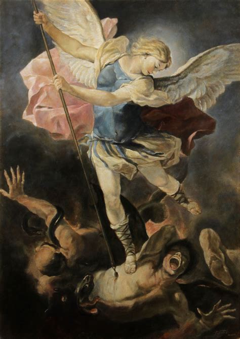 Archangel Michael After Luca Fa Presto Figurative Religious Oil