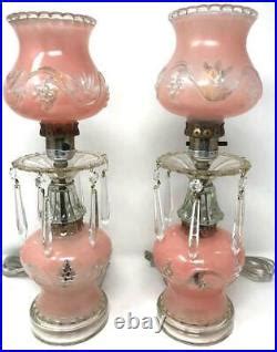 Vtg Victorian Pink Frosted Glass Hurricane Boudoir Lamps Glass Prisms