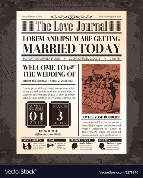 Vintage Newspaper Wedding Invitation Template Vector Image On