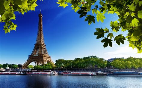 Cityscape France Paris River Leaves Eiffel Tower Wallpapers Hd