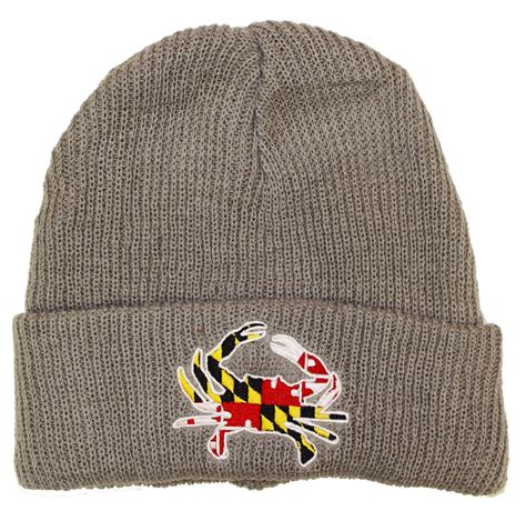 Embroidered Maryland Full Flag Crab Grey Slouchy Knit Beanie Cap