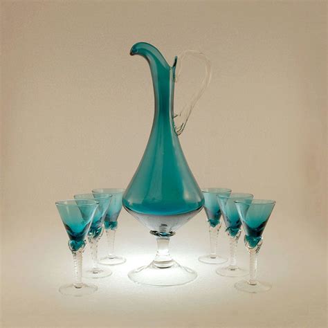 Hand Blown Italian Teal Blue Glass Footed Pitcher Ewer With Blue Glass Hand Blown Teal Blue