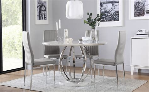 Savoy Round White Marble And Chrome Dining Table With 4 Leon Light Grey