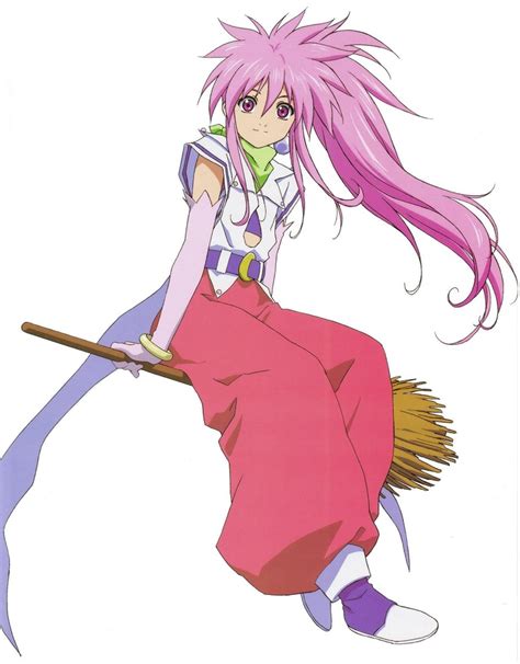 An Anime Character Sitting On Top Of A Broom With Long Pink Hair And