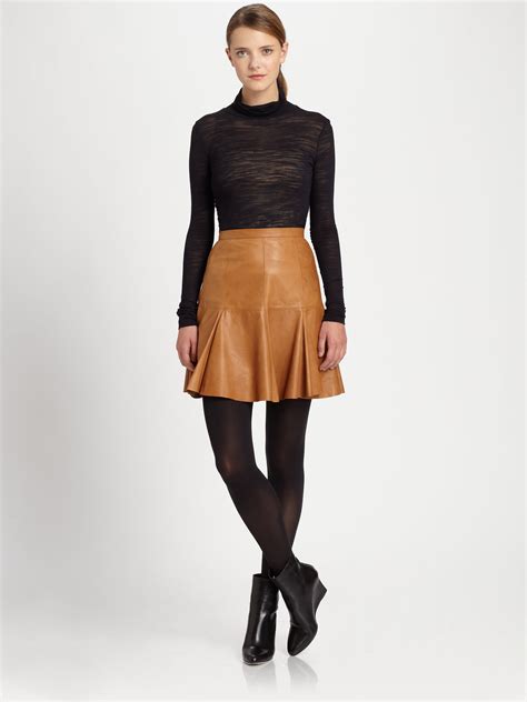 Lyst Halston Flared Leather Skirt In Brown