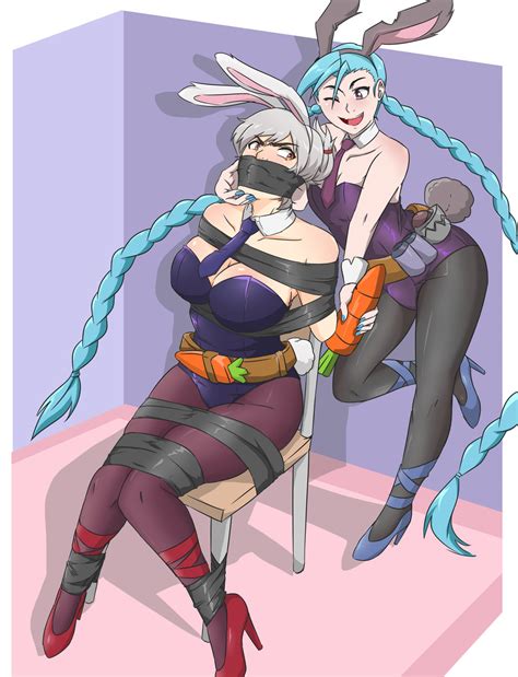 Rule 34 2girls Angry Battle Bunny Jinx Battle Bunny Riven Blue Hair Bondage Bound Bound To