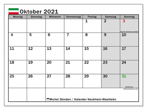 Druckbare leer winterferien 2021 nrw kalender zum ausdrucken in pdf. Kalender "Nordrhein-Westfalen" Oktober 2021 zum ausdrucken - Michel Zbinden DE