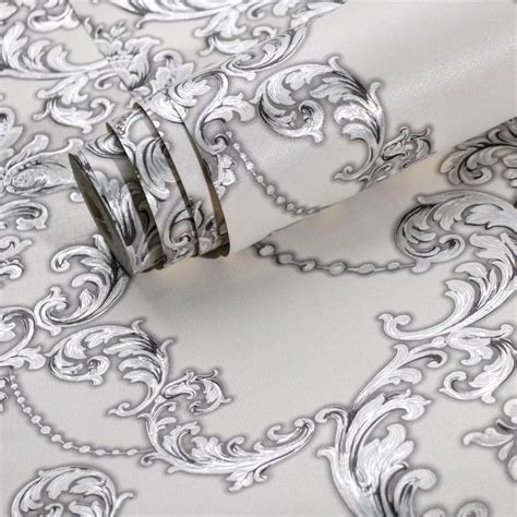 Silver White Luxury Damask Embossed Texture Vinyl Wallpaper Roll