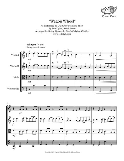 Wagon Wheel Arr Sarah Cellobat Chaffee Sheet Music Bob Dylan String Quartet