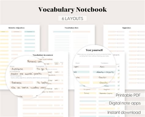 Vocabulary Notebook Language Learning Printables Pdf Etsy