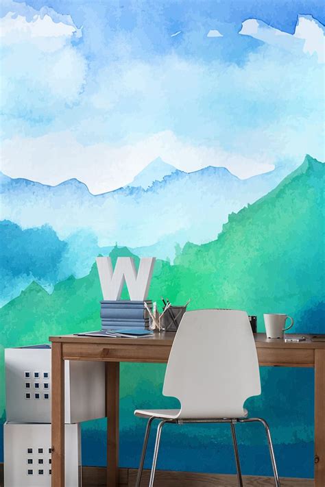 Watercolor Mountains Wallpaper Wallsauce Us Green Watercolor