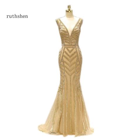 ruthshen 2018 sexy deep v neck diamonds long gold formal evening gowns robes de soiree prom