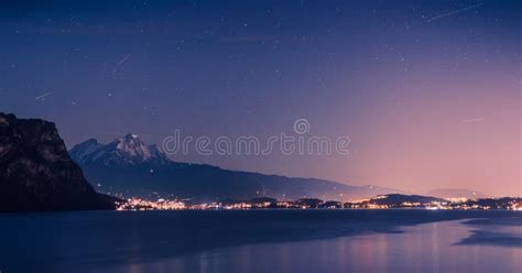 Blue Night Over Lake Lucerne And Pilatus Peak Starry Sky Stock Photo
