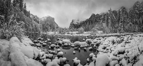 Valley View Panorama Merced River Yosemite National Park Winter Snow