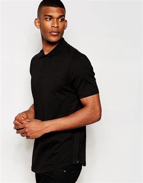 Lyst Asos Longline Polo Shirt With Popper Side Seams In Black For Men