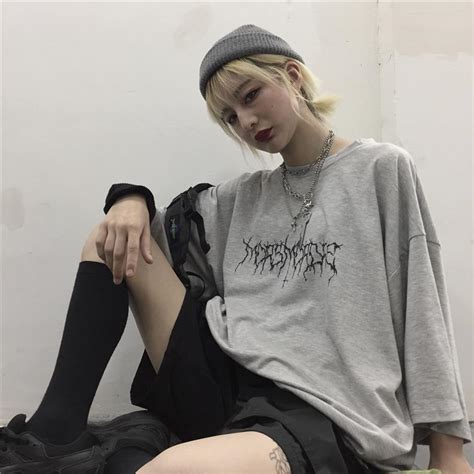 Itgirl Shop Gray And Black Grunge Aesthetic Printed Oversized T Shirt